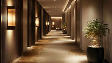 Hotel corridor with warm lighting and plush carpeting, inviting guests to relax in the softly illuminated space.