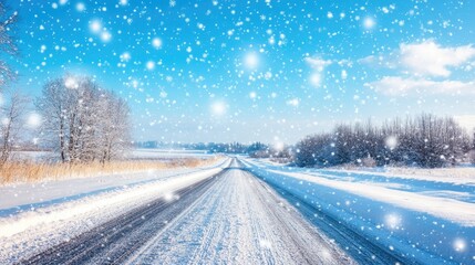 Obraz premium A bright blue sky frames a snow-covered road as delicate snowflakes fall softly, creating a serene and picturesque winter scene.
