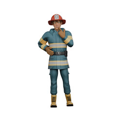 3D Illustration of Male Firefighter. A firefighter stands with his left hand on his chin while his right hand is on his waist. Fire Rescue