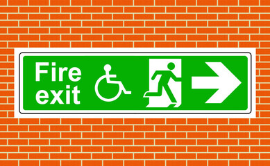 Fire exit wheelchair access right sign on the wall