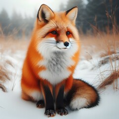 Fototapeta premium Red Fox Sitting in Snow, Winter Wildlife Photo.