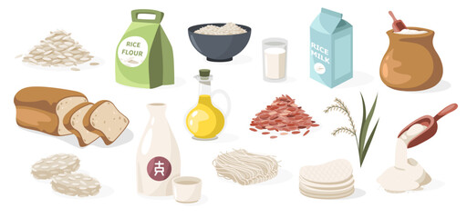 Rice collection. Cartoon bowl with cooked rice, glass with sake and bottle with rice flour, asian cereal ingredients. Vector isolated set.eps
