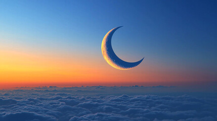 A crescent moon in the twilight sky