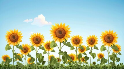 Sunflower field, bright and cheerful flowers, flat design illustration