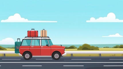 Road trip, car with luggage on highway, flat design illustration