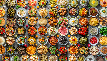 Background of food dishes and snacks. Photo collage, banner from photos