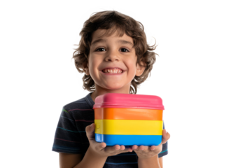 A first-grade student holding a colorful lunchbox, their face beaming with anticipation for lunch, on a white background.