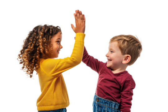 A first-grade student giving a high-five to a friend, their joy and camaraderie palpable, on a white background.