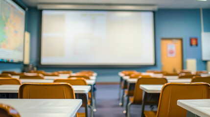 Empty classroom with desks, projector screen