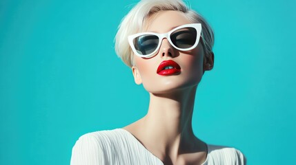 Stylish woman with platinum hair, bold red lips, and white cat-eye glasses, wearing an all-white outfit against a sleek turquoise background.