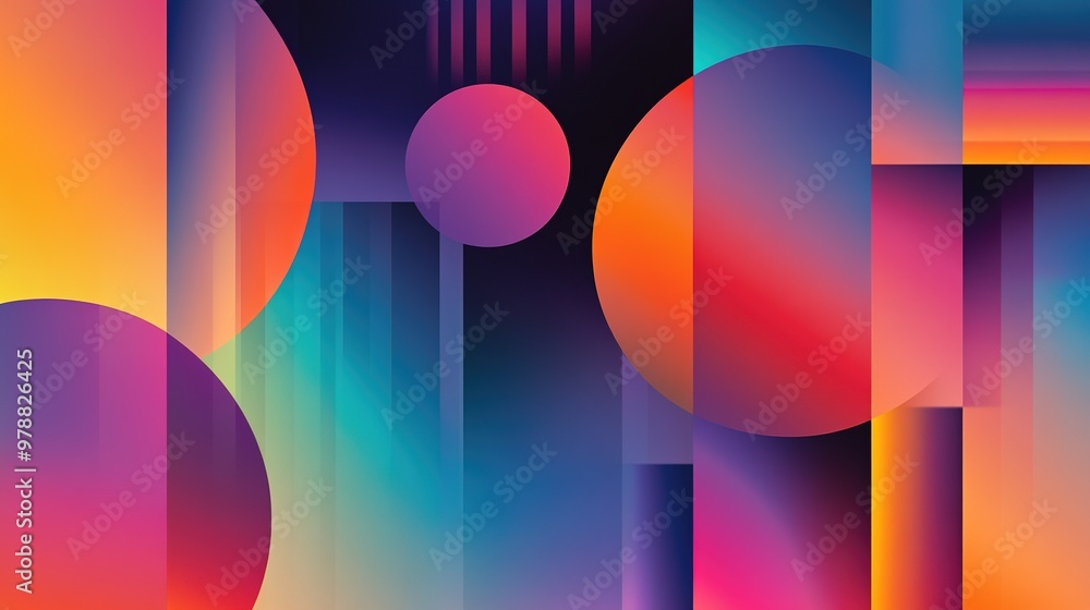 Poster A bold display of overlapping shapes with rich gradient fills creating depth and contrast