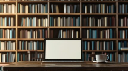 Laptop with blank screen on table and coffee cup in Night library,bookstore interior with Learning and coworking space,relax zone,Library with rows of bookshelves,school,university,education concept.