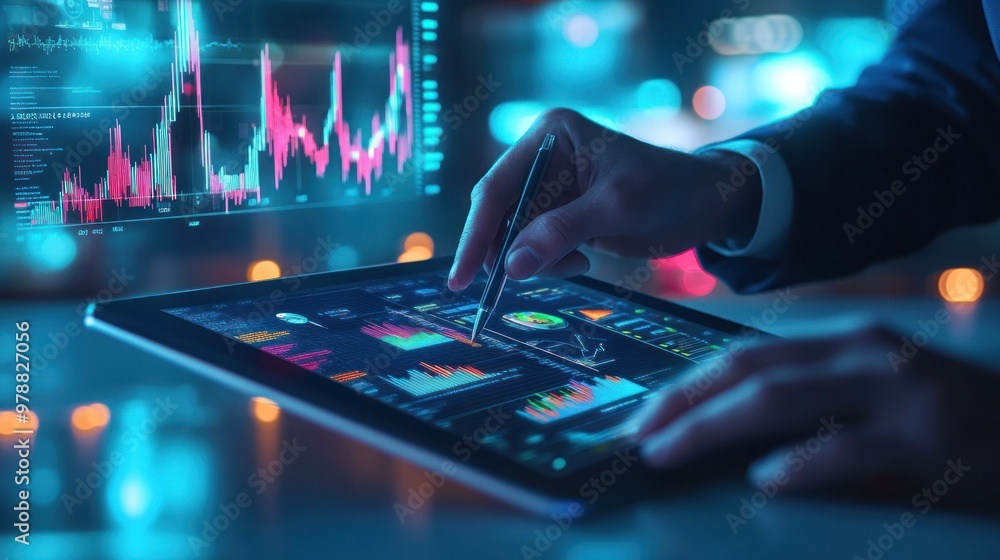 Poster a financial analyst reviewing graphs and data on a tablet, with holographic elements representing bu