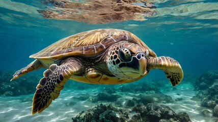 Fototapeta premium Vibrant Underwater Photo of a Sea Turtle Swimming in Crystal Clear Waters
