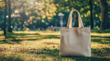 A stylish tote bag stands on lush green grass, showcasing its versatility and elegance in a natural outdoor setting.