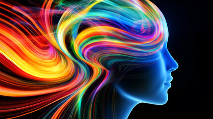 Obraz premium Abstract Colorful Swirls And Lines Of Light Flowing Around A Human Profile. 
