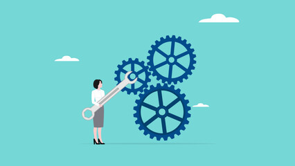 problem solving skill, leadership, businesswoman entrepreneur using the big key to fixing problems on cogwheel gears