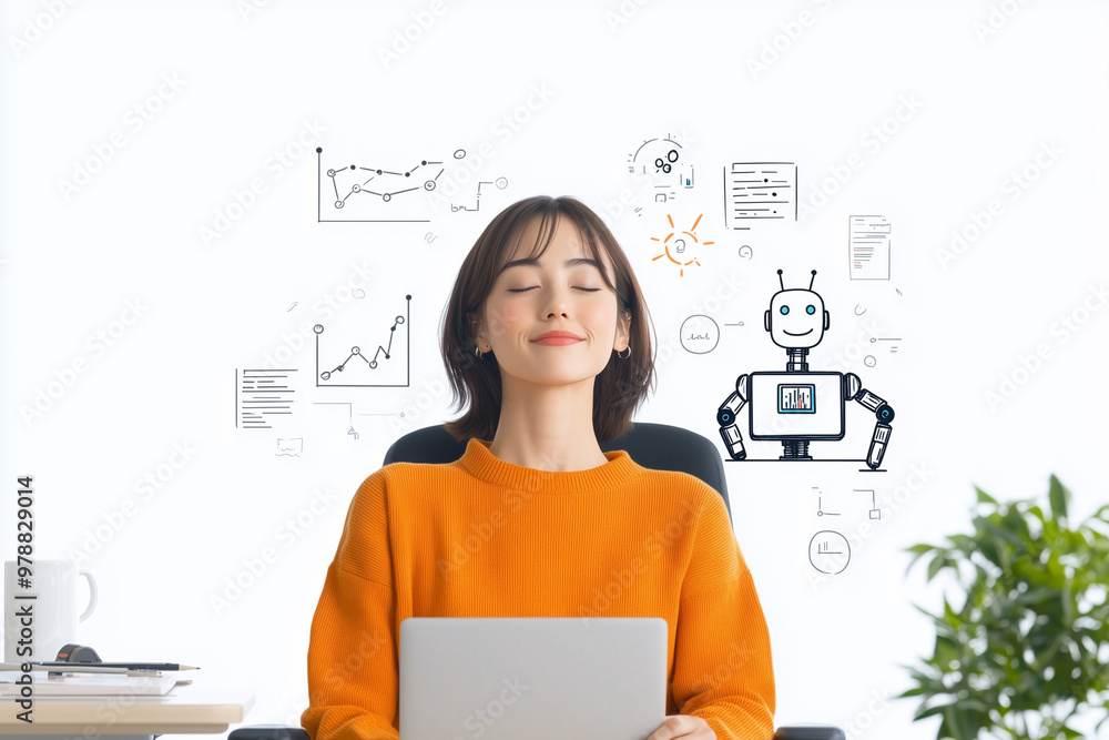 Poster a woman in an orange sweater sits at desk, smiling peacefully while using laptop. behind her, illust