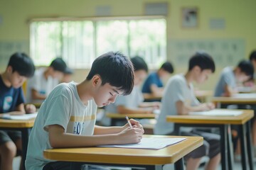 Fototapeta premium A focused student writes notes in a classroom, surrounded by peers engaged in their studies, emphasizing concentration and learning.