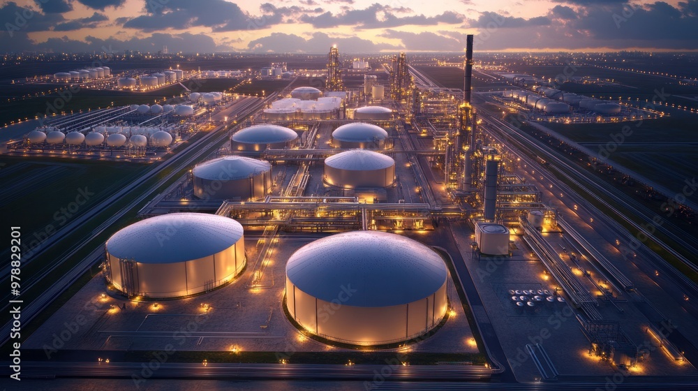Poster a gas export facility with storage tanks and pipelines connecting to lng carriers, ensuring a steady