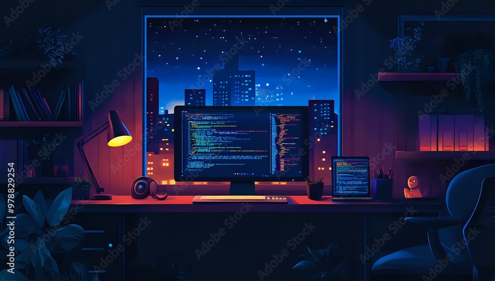 Poster a programmer's late night coding session in a modern home office, with a city skyline view at night.