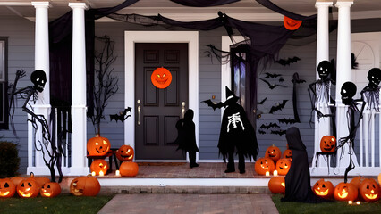 Halloween decoration in front of door, Halloween concept background, House decoration on Halloween day, ai generated