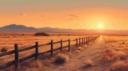 A rustic western background depicting a weathered wooden fence stretching across a barren desert plain, with a dusty road and a distant sheriff's office under the hot, golden sun