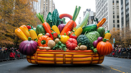inflatable figure in the form of a basket with vegetables, pumpkin, corn, cabbage, potatoes, carrots on a mobile platform at the Thanksgiving Day parade on the street of New York in the fall