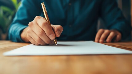 A close-up image of a man's hand holding a gold pen, writing on a piece of paper at a wooden desk, symbolizing focus and productivity