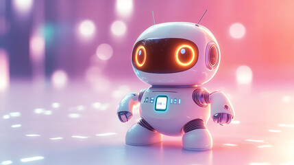 Obraz premium A friendly, white robot with glowing orange eyes stands on a surface illuminated by a soft pink and blue light.