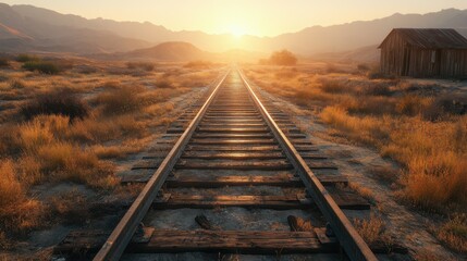 Obraz premium A rustic western background featuring an abandoned railway track leading into the distance, with a faded wooden station and mountains on the horizon, all under the intense light of a midday sun