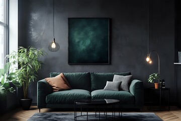 Modern living room interior with dark green sofa, abstract painting and stylish lighting.