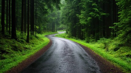 Obraz premium A winding road through a misty green forest after rain, symbolizing adventure, travel, and nature's beauty