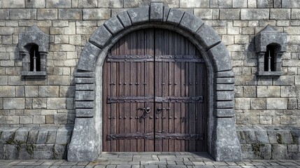 Ancient Stone Wall with Arched Wooden Doorway