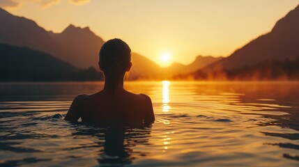 Fototapeta premium Silhouette of a woman in lake at sunset amidst mountain scenery