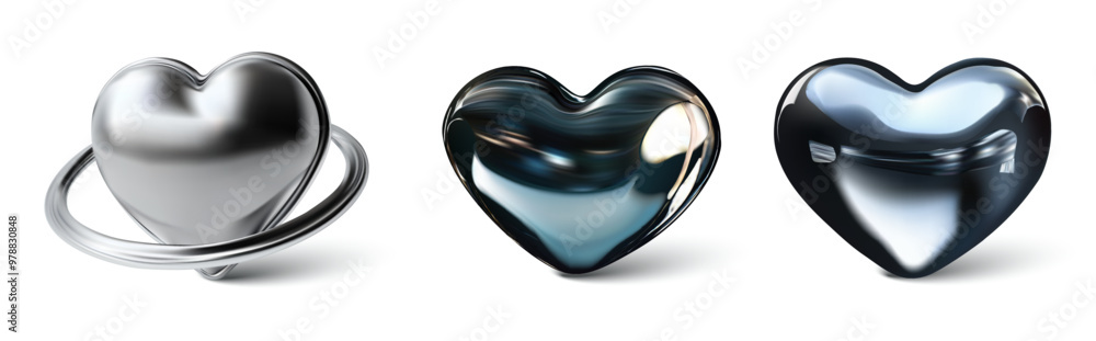 Poster vector illustration of metallic and glass hearts with reflective surfaces and unique designs. ideal 