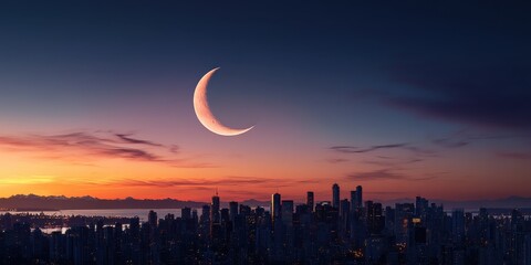 crescent moon rising over a city 