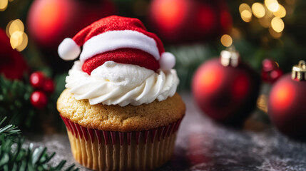 Obraz premium Christmas Cupcake With Red Santa Hat And White Frosting. Festive Holiday Treat.