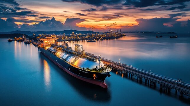 A gas tanker being loaded with LNG at a port, part of the global natural gas transport system ensuring energy supply across continents