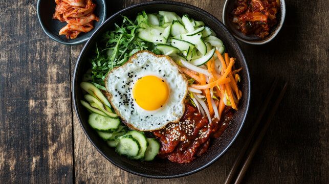 A bowl of Bibimbap with kimchi, vegetables and fried egg on wooden table, top view. Traditional Korean food dishes.