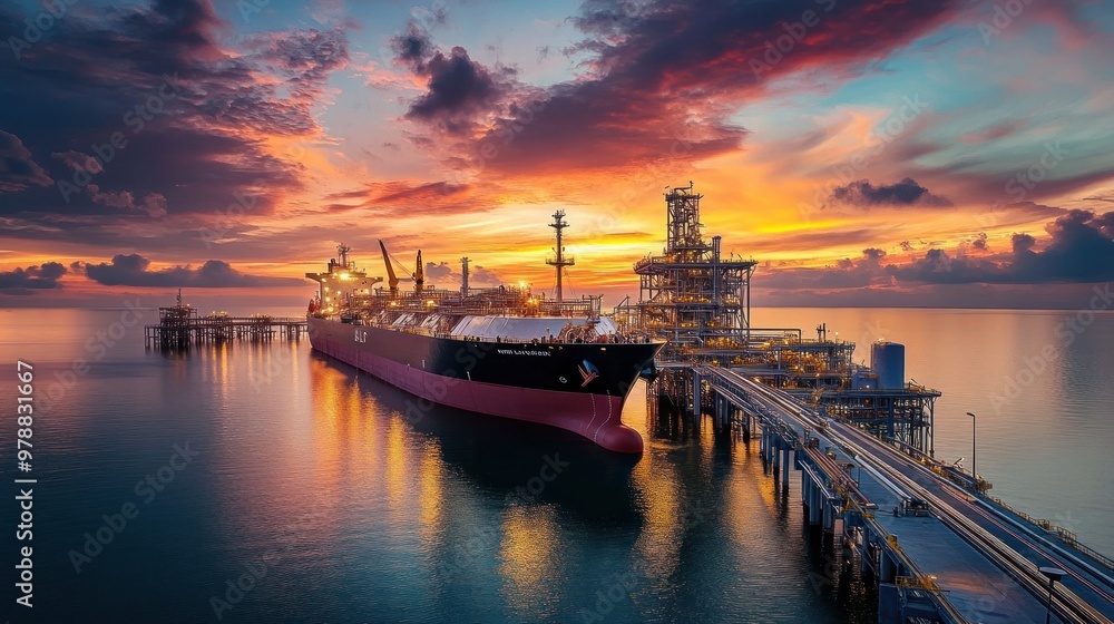 Poster a gas tanker ship docking at an lng terminal, with cranes and pipelines connecting to the ship for l