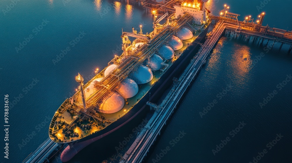 Poster a gas tanker ship docking at an lng terminal, with cranes and pipelines connecting to the ship for l