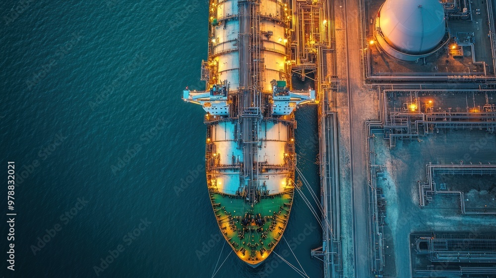 Poster a gas tanker ship docking at an lng terminal, with cranes and pipelines connecting to the ship for l