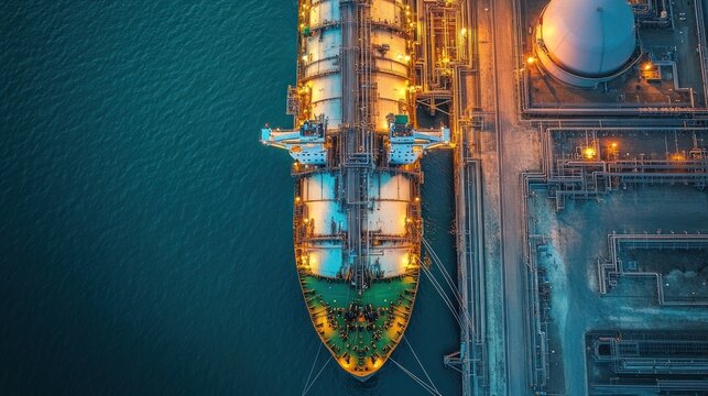 A gas tanker ship docking at an LNG terminal, with cranes and pipelines connecting to the ship for loading and unloading LNG