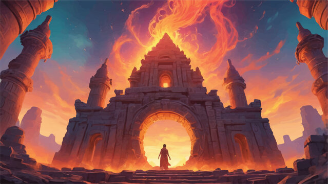 Bornfire Mystical Guardian with Pastel Flames Amidst Crumbling Ruins and an Apocalyptic Sunrise
