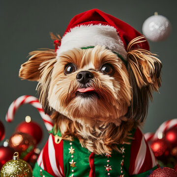 Cute Dog In Santa Hat & Elf Outfit With Christmas Ornaments