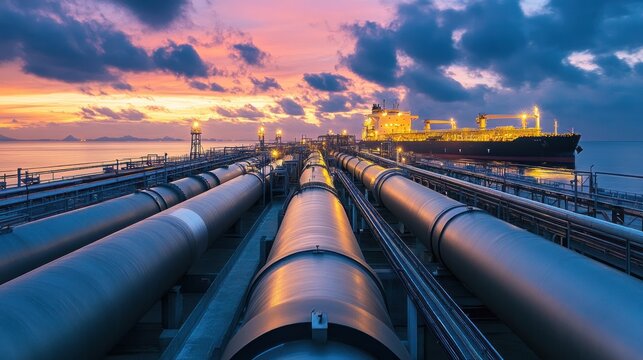 A gas transportation system in operation, showing pipelines and LNG tankers collaborating to deliver natural gas across vast distances