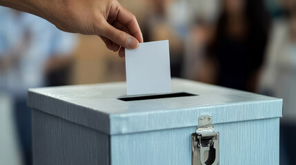 Hand Dropping A Blank Ballot Into A Blue Ballot Box.  Election Day, Voting, Democracy, Civic Duty.