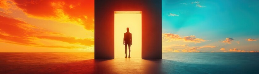 A figure standing before a mirror reflecting their future self, symbolizing aspirations becoming reality, dream, symbolism of self-realization