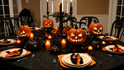 Dinner table on Halloween day, Dinner setting on Halloween, Halloween concept dinner table, ai generated